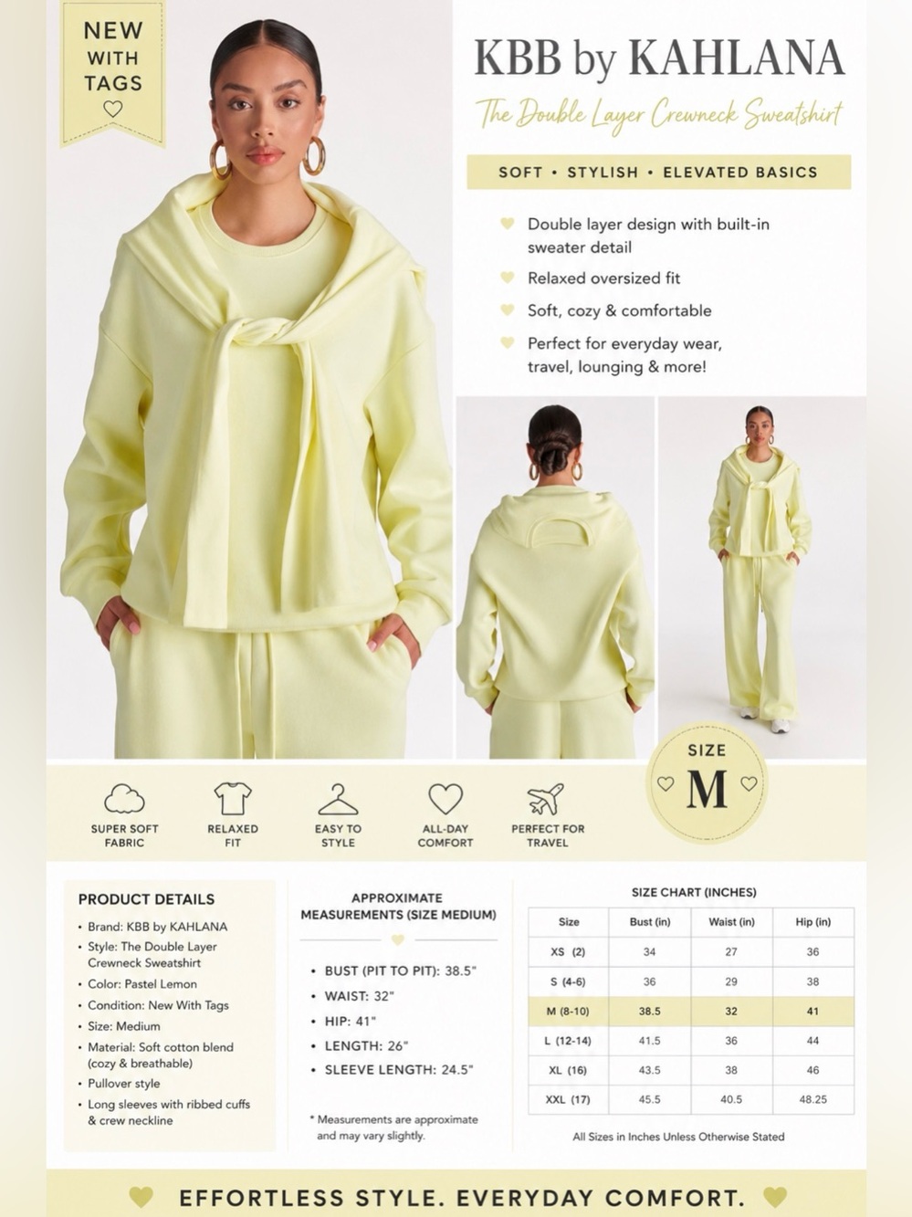 KBB by Kahlana Double Layer Crewneck Sweatshirt - Pastel Lemon size medium